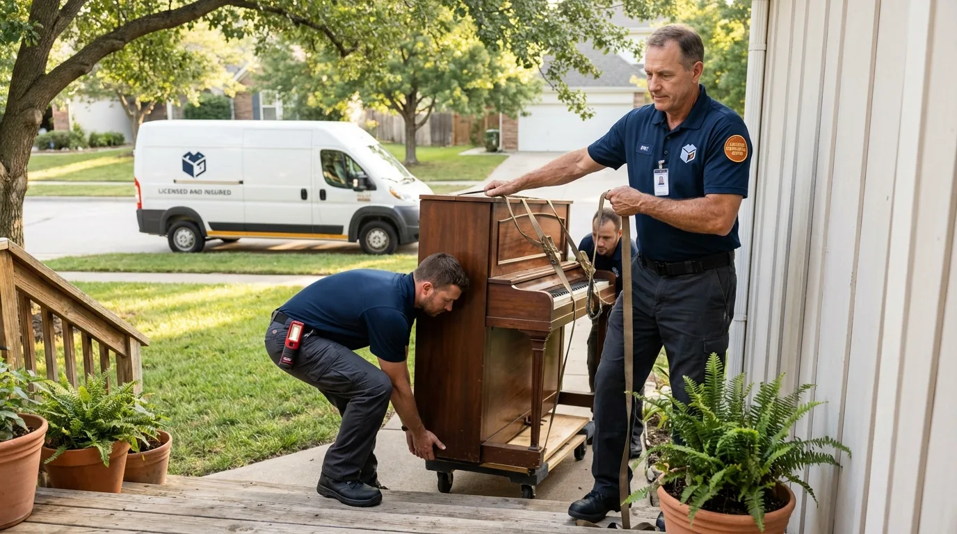 Licensed piano movers securing grand piano in Salisbury, MD