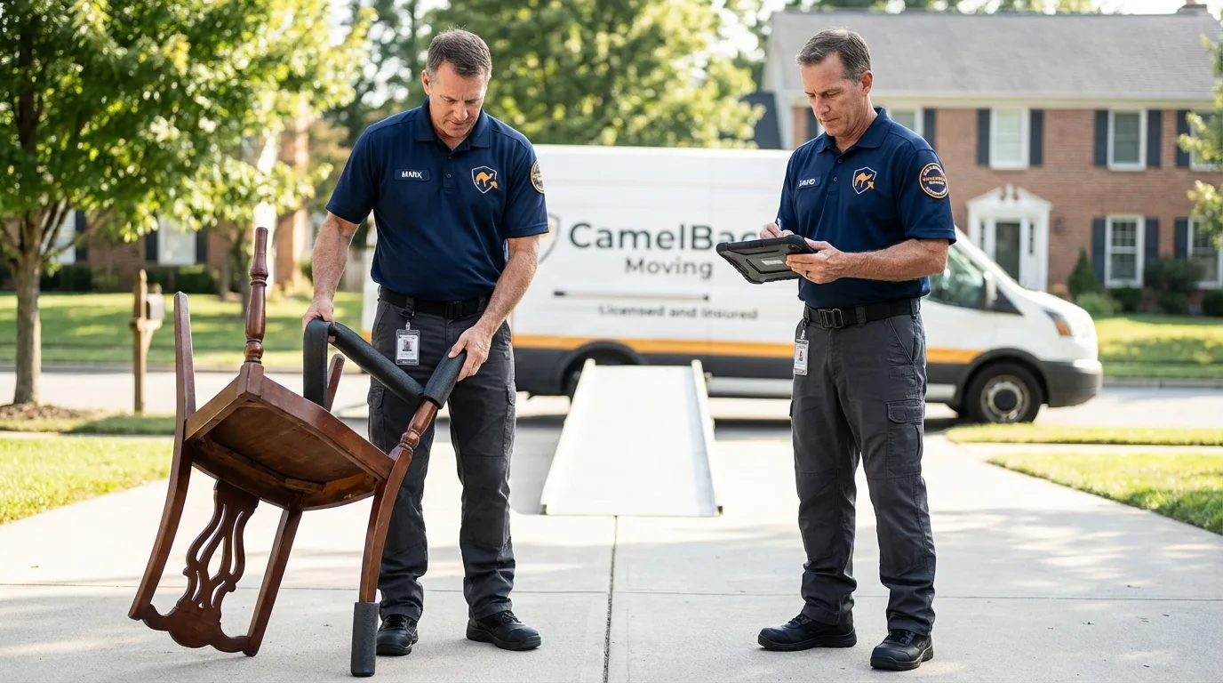 Movers inspecting furniture for damage prevention before loading in Salisbury, MD
